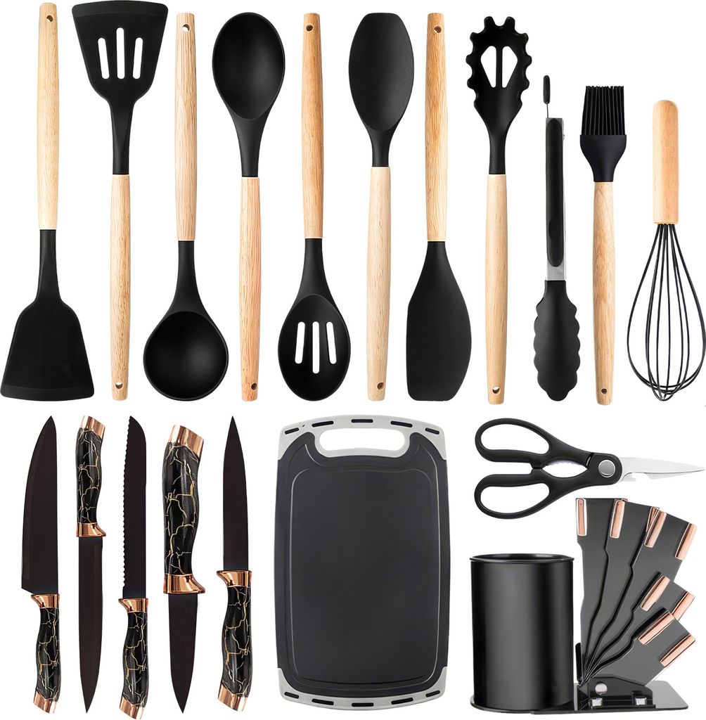 Silikon-Kochutensilien-Set, 446 Fahrenheit Grad, hitzebestaendig, Kuechenutensilien, Wender, Spatel, Loeffel, Pinsel, Schneebesen, Messer, Schere, ...