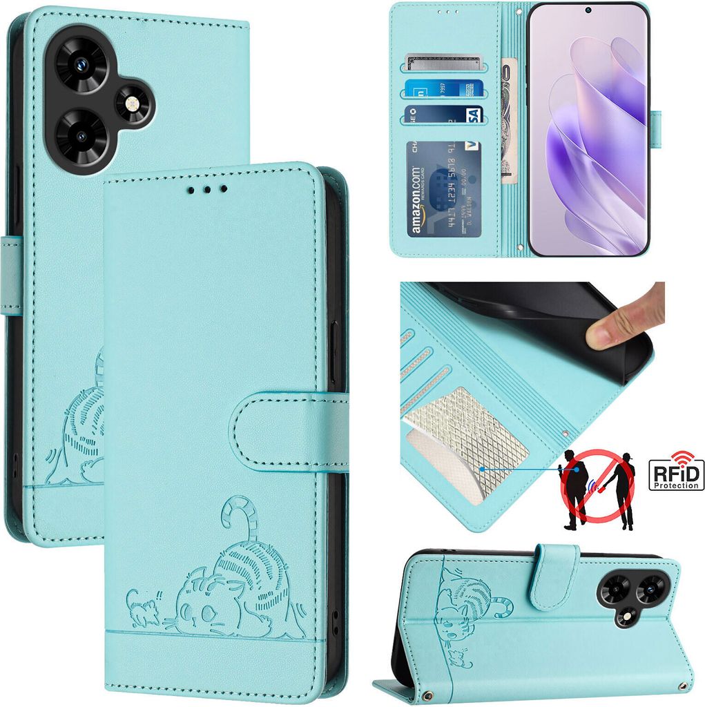 Leder Hülle für Infinix Hot 30 4G Süße Katze Flip Case Brieftasche Schutzhülle mit Standfunktion hellgrün