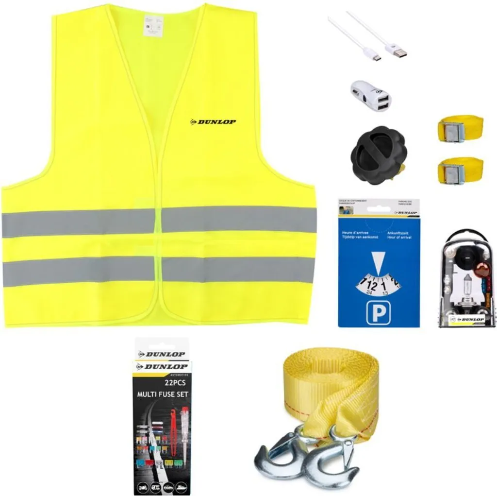 Équipement de secours auto Dunlop : gilet, remorquage et chargeur USB