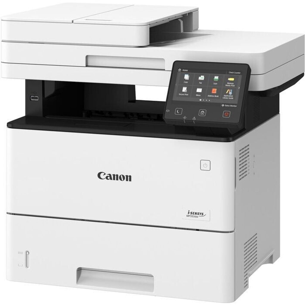A studio shot of a Canon i-SENSYS MF553dw 4-in-1 laser printer with WLAN.