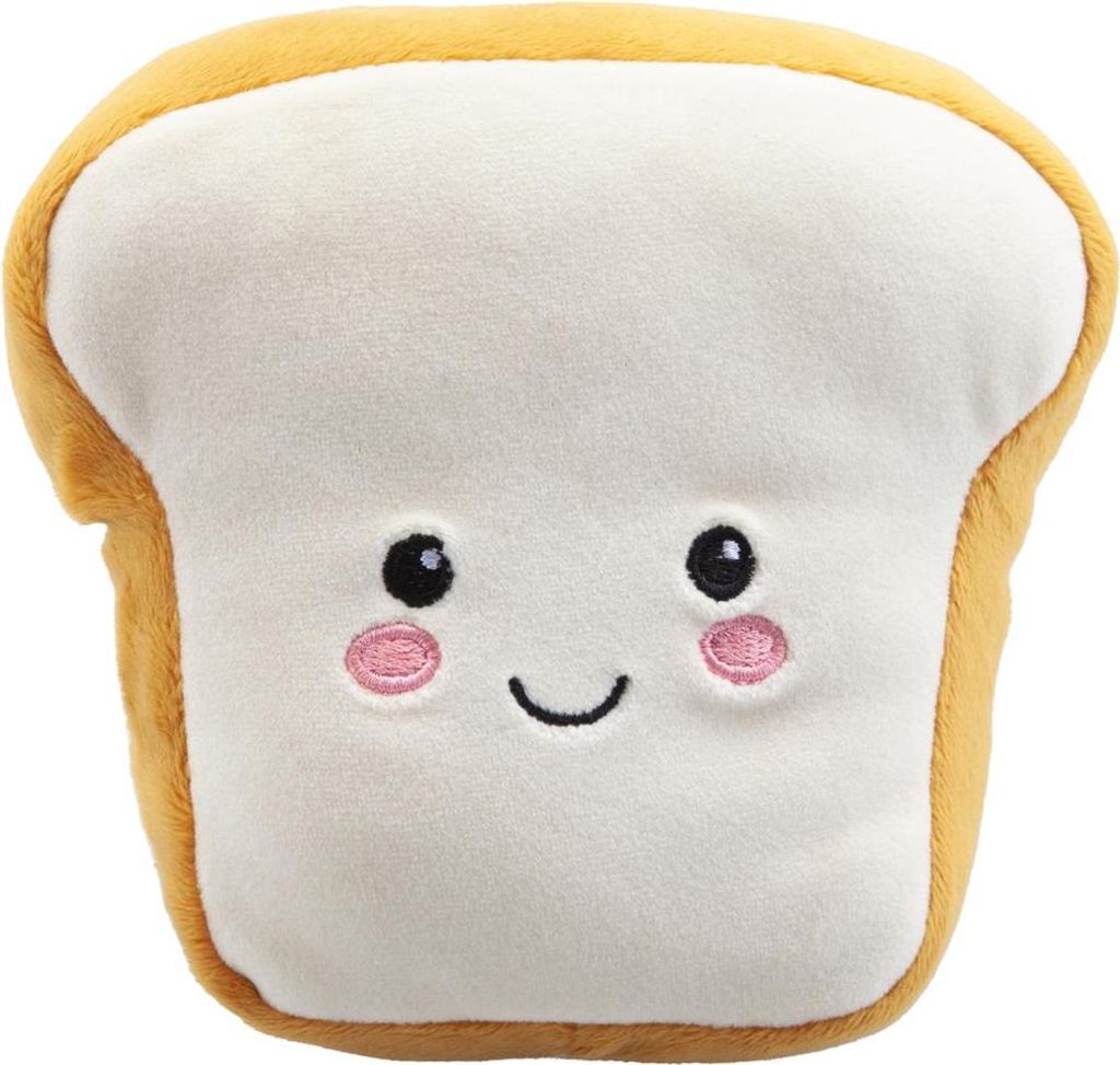 A plush toy shaped like a slice of toast with a smiling face.