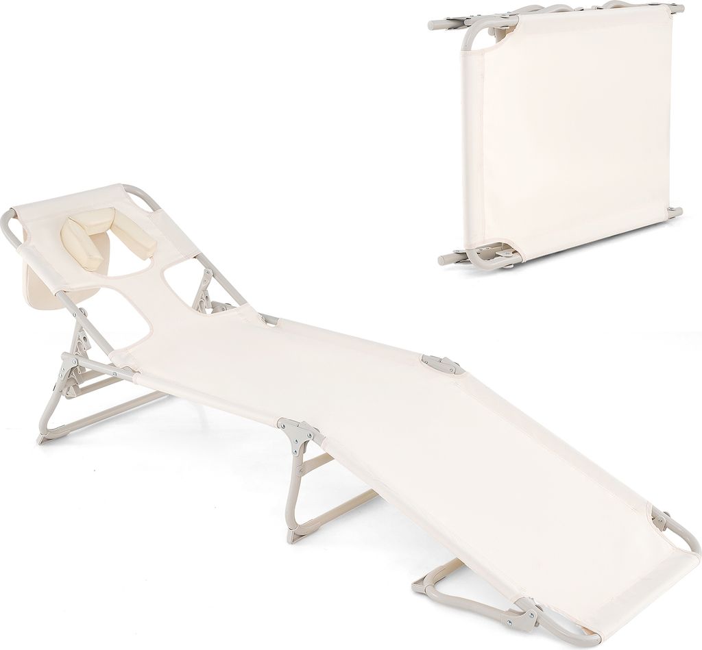 A cream-colored folding lounge chair with a headrest is shown against a white background. A second, folded version of the chair is shown in the upper right corner.