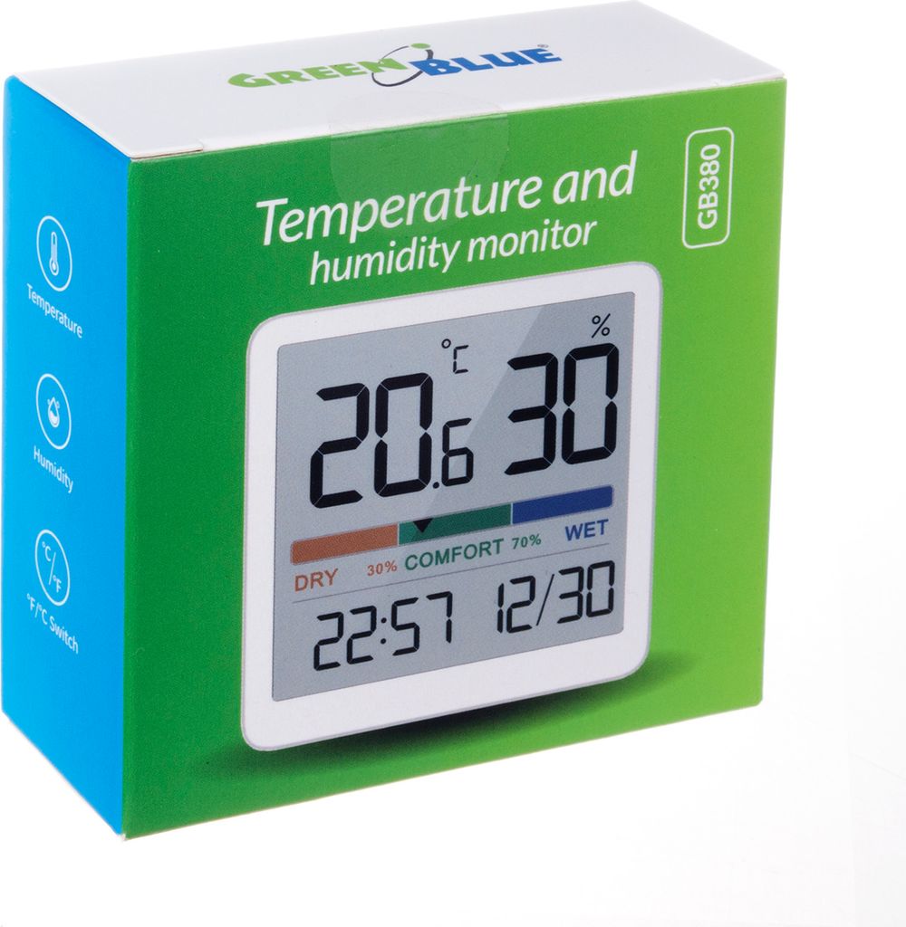 GreenBlue GB380 Teplomer/vlhkomer s funkciou hodín a dátumu Obrázok produktu 3