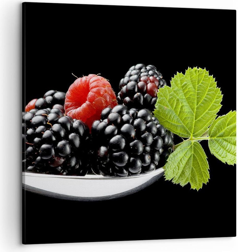 Bild auf Leinwand - Leinwandbild - Löffel Himbeere Brombeere Frucht - 50x50cm - Wand Bild - Wanddeko - Leinwanddruck - Bilder - Kunstdruck - Wandd...