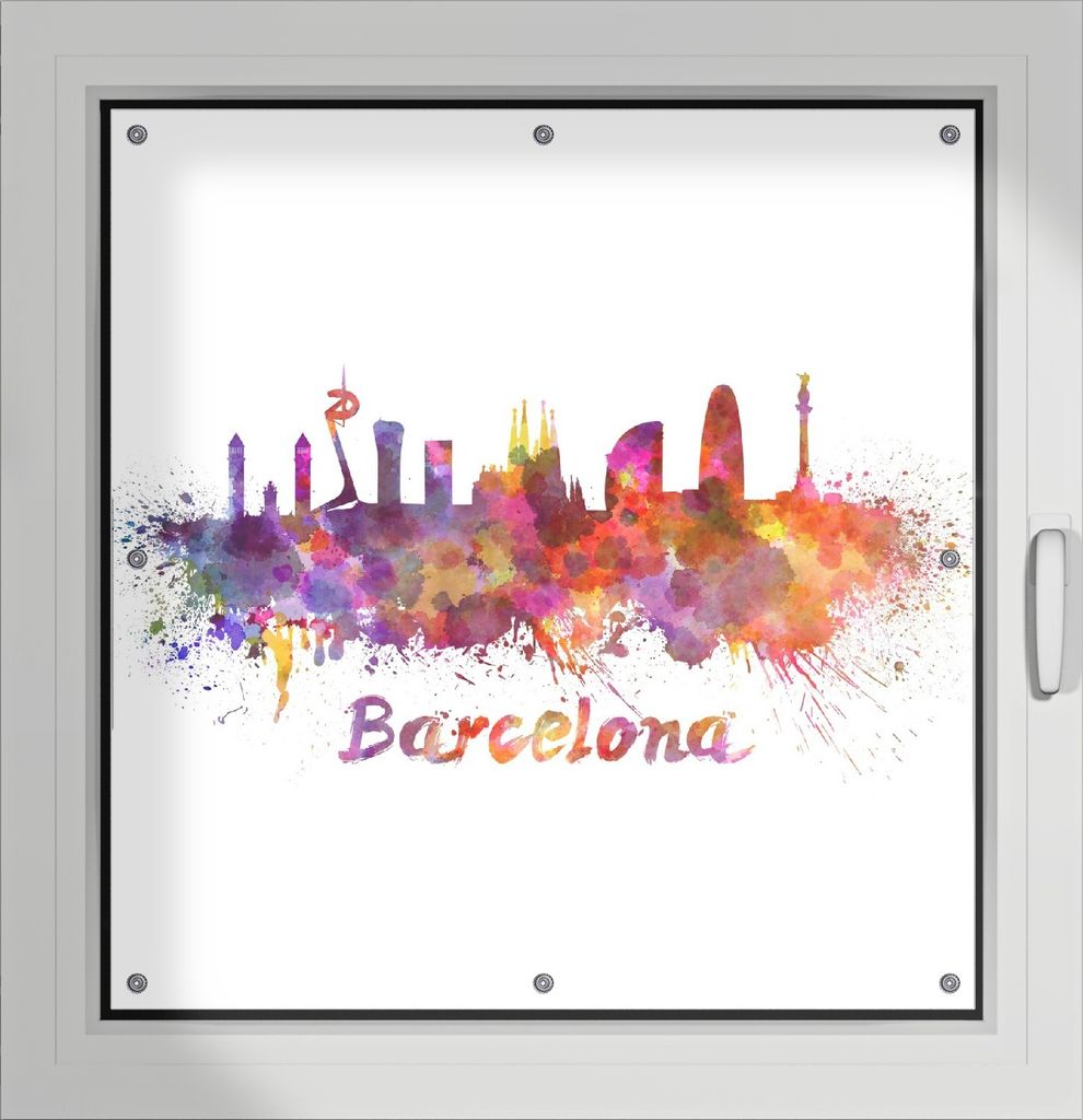 Wallario Lichtschutzbild, Dekorativer Sichtschutz Sonnenschutz 96 x 100 cm mit Motiv: Städte als Aquarell - Skyline von Barcelona - Verdunklung oh...