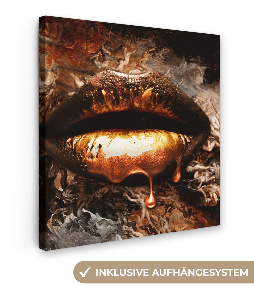 MuchoWow - Leinwandbilder - Gold - Lippen - Kunst - Gold - Luxus - Abstrakt, Wandbild, Wanddeko Bilder Wohnzimmer, 20x20 cm