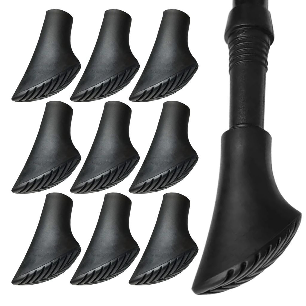 A collection of black rubber tips for trekking poles, with one pole tip shown attached to a pole.