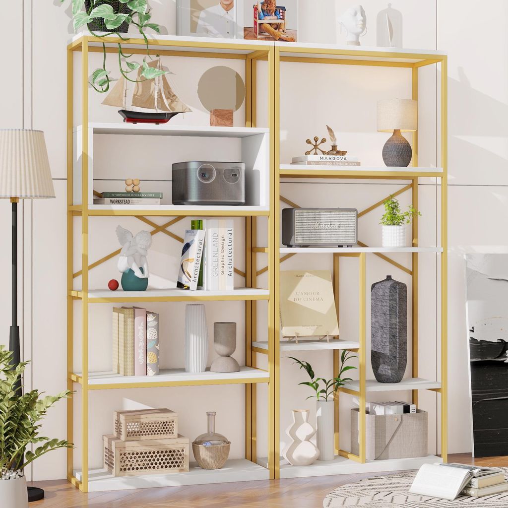 STILVORA 160 x 29.5 x 180 cm Bücherregal mit stabile rechteckige Struktur, Gold-Weiß-Design, verstärkten Stahlrahmen mit hochwertigen MDF-Ablagen