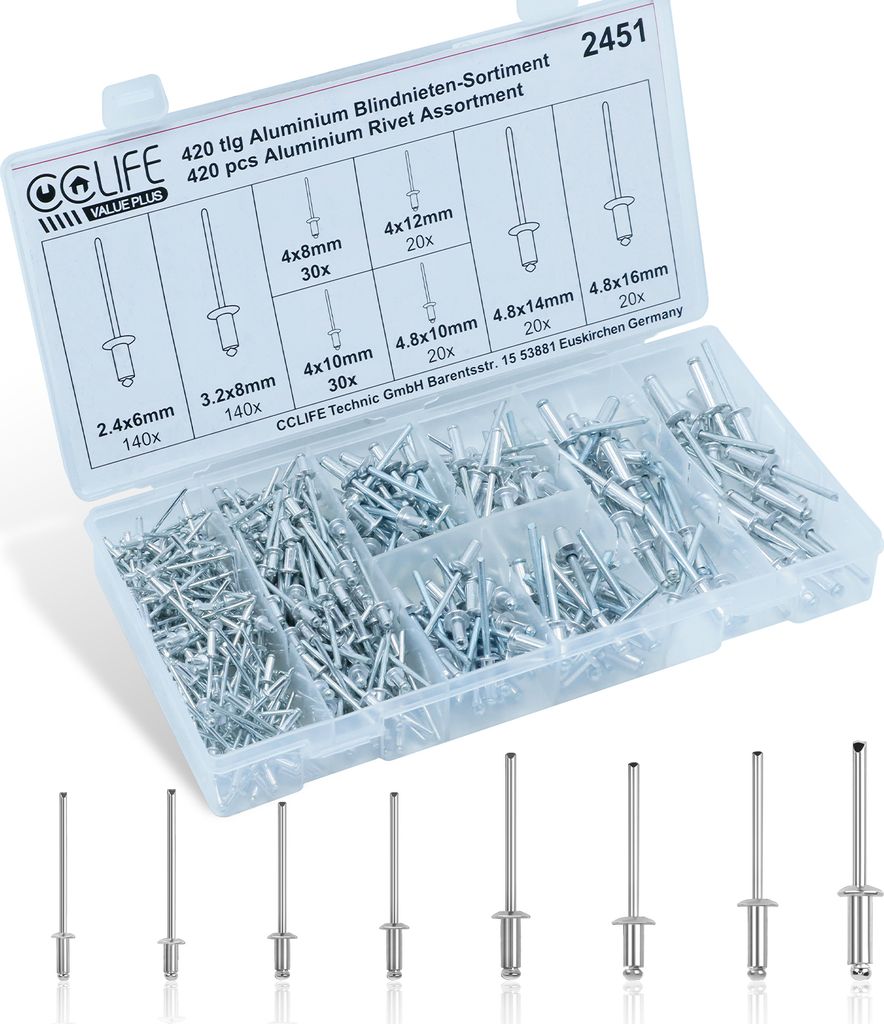 CCLIFE 420 tlg Alu Blindnieten Sortiment Popnieten Set Pop Produktbild 3