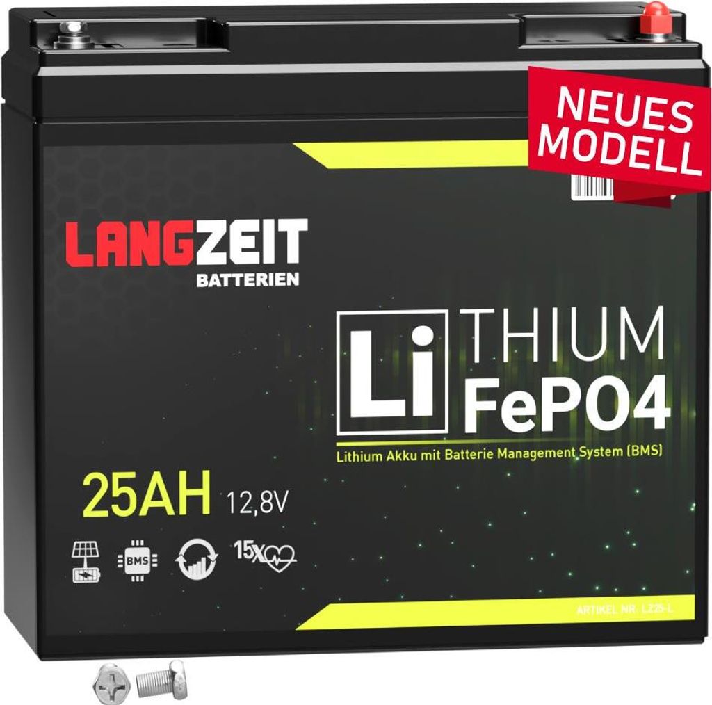 LiFePO4 12V 25Ah LANGZEIT Lithium Batterie Solarbatterie Wohnmobil USV ersetzt 20Ah 24Ah 30Ah
