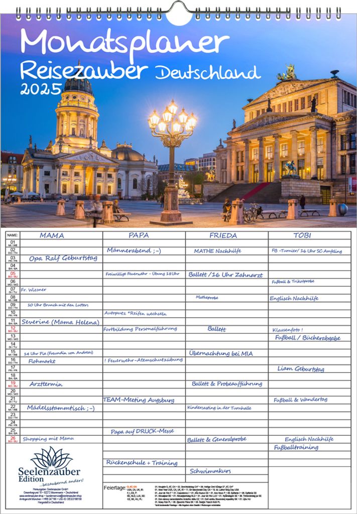 Reisezauber Deutschland Planer Wandplaner Familienplaner 4 Spaltenplaner DIN A3 Kalender für 2025 Städte Deutschland - Seelenzauber