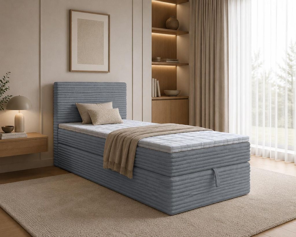 Boxspringbett NESO MINI, Bett mit Cordstoffbezug Einzelbett mit Bonellfederkernmatratze, Bettkasten (80x200, Dunkelgrau - Tilia 85, topper T25)