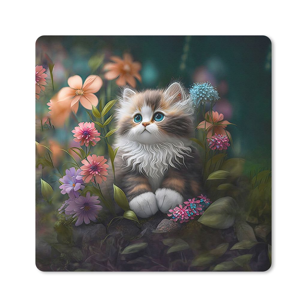 MuchoWow Mauspad Mousepad Kätzchen - Illustration - Blumen - Natur - Katze 30x30 cm - Mousepads - Maus Mat - Pad - Mausunterlage - Gaming
