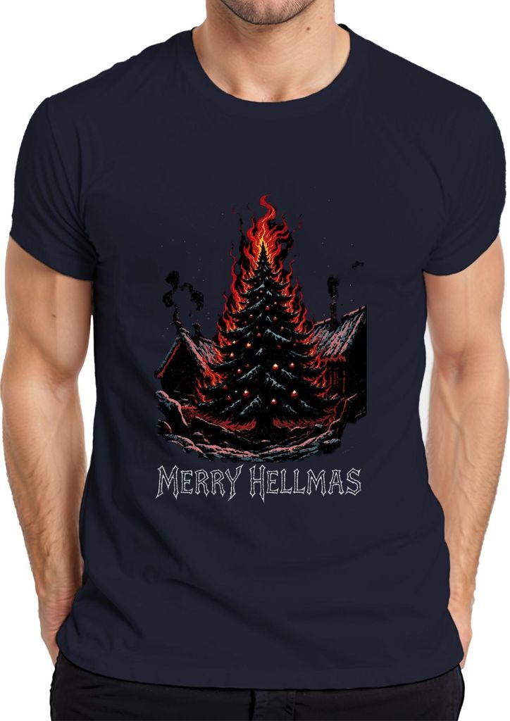 Merry Hellmas brennender Weihnachtsbaum Feuer düster Gothic Herren T-Shirt, Navy, 3XL