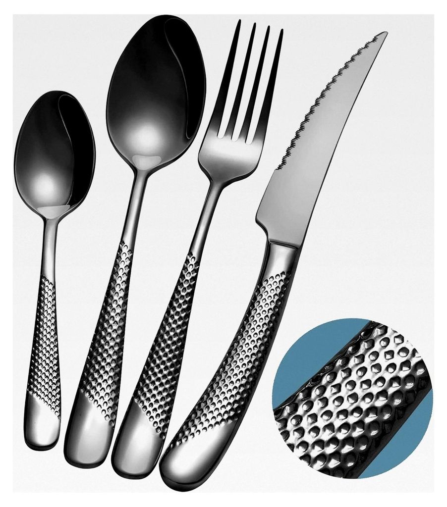 Besteckset für 6 Personen in Schwarz, modern gehämmert, mit ultrascharfem 2-IN-1 gezacktem Messer, 18/10 Edelstahl, 24-teilig, Titan plattiert, s...