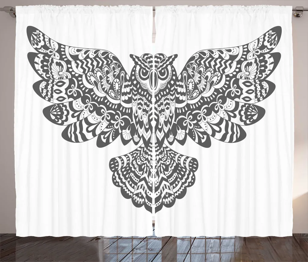 Rideau Rustique Monochrome Gris Pâle à Motif Hibou et Ailes Ouvertes