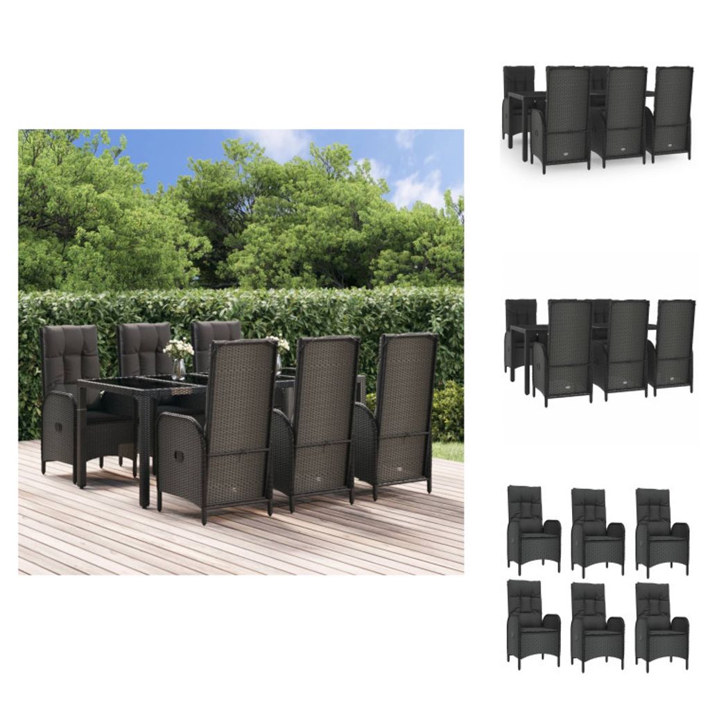 vidaXL 7-tlg. Garten-Essgruppe mit Kissen Schwarz und Grau Poly Rattan - Gartenmöbel-Sets