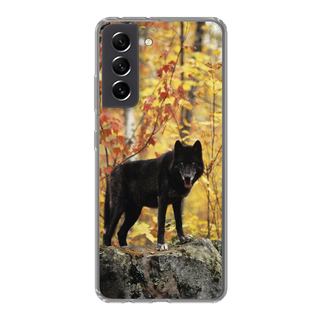MuchoWow Handyhülle Schutzhülle Hülle für Samsung Galaxy S21 FE Wolf - Fels - Baum Silikon Softcase Handy Hülle - Mobiltelefonhülle
