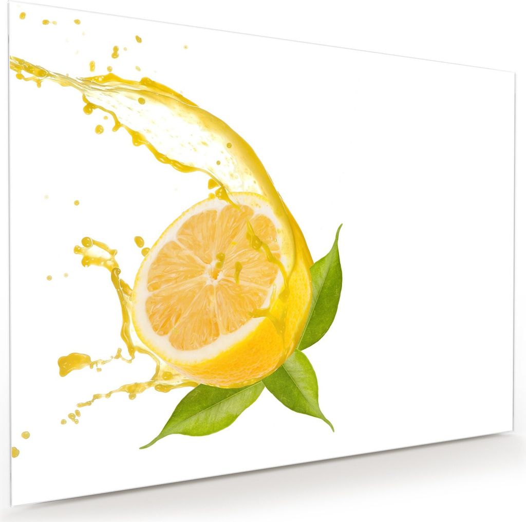Glasbild Wandbild Zitrone auf Blätter 100x75cm in XXL für Wohnzimmer, Schlafzimmer, Badezimmer, Flur