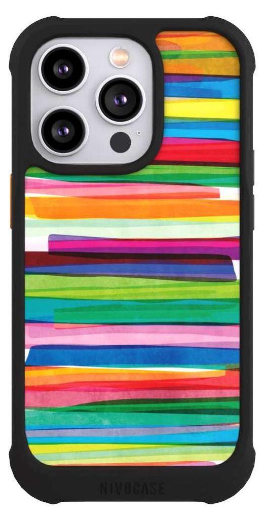 NIVOCASE Hülle für Apple iPhone 14 Pro Stoßfeste Handyhülle NIVOmax Case Schwarz Streifen Wasserfarbe bunt