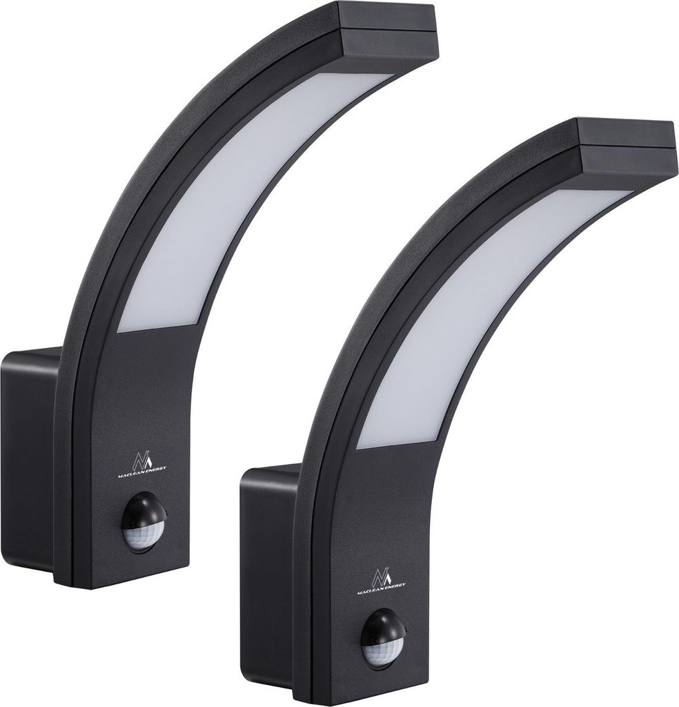Two black LED wall lights with motion sensors are shown against a white background.