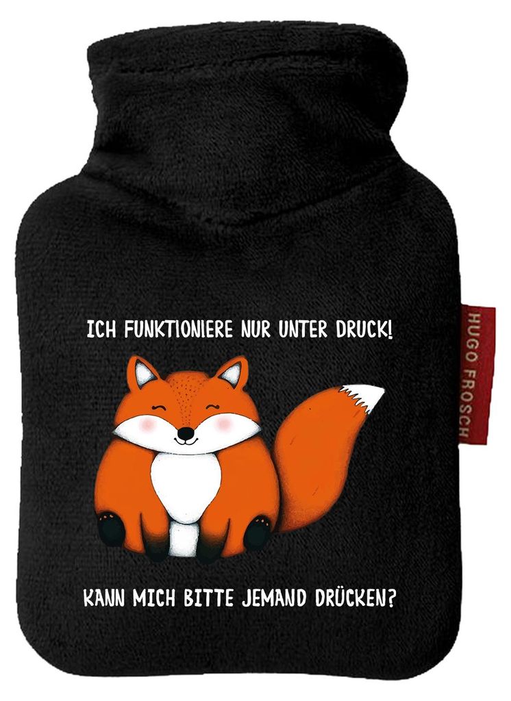 Huuraa Mini-Wärmflasche Drück mich Fuchs 0,2 Liter Black Mini Veloursbezug Taschenwärmer Geschenkidee