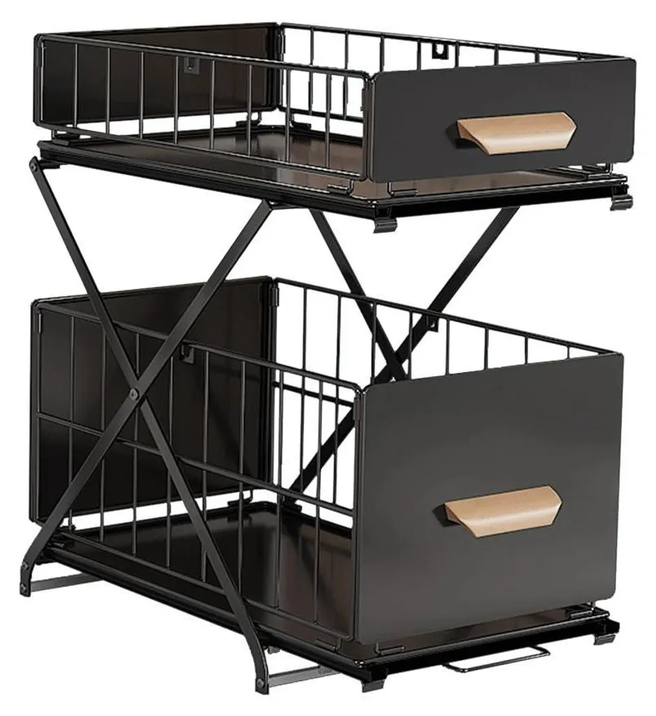 Étagère sous évier en acier robuste avec double panier coulissant noir