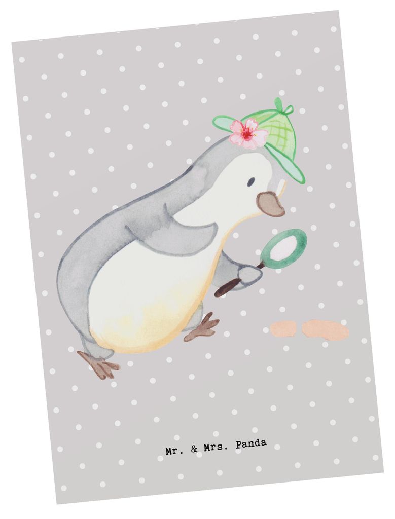 Mr. & Mrs. Panda Postkarte Detektivin Herz - Grau Pastell - Geschenk, Fotokarte, Postkarten, Grußkarte, Suche, Wirtschaftsdetektei, Verdächtig, A...