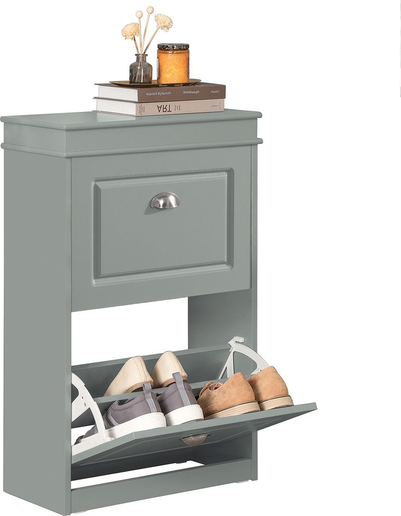 A gray shoe cabinet with a drawer and two flip-out shoe compartments.