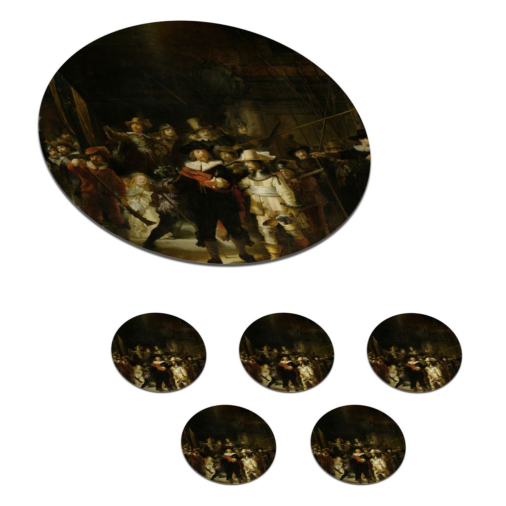 KitchenYeah Glasuntersetzer Rund 6er Set Die Nachtwache - Kunst - Alte Meister - Rembrandt 10x10 cm Untersetzer für Gläser - Getränkeunterset...