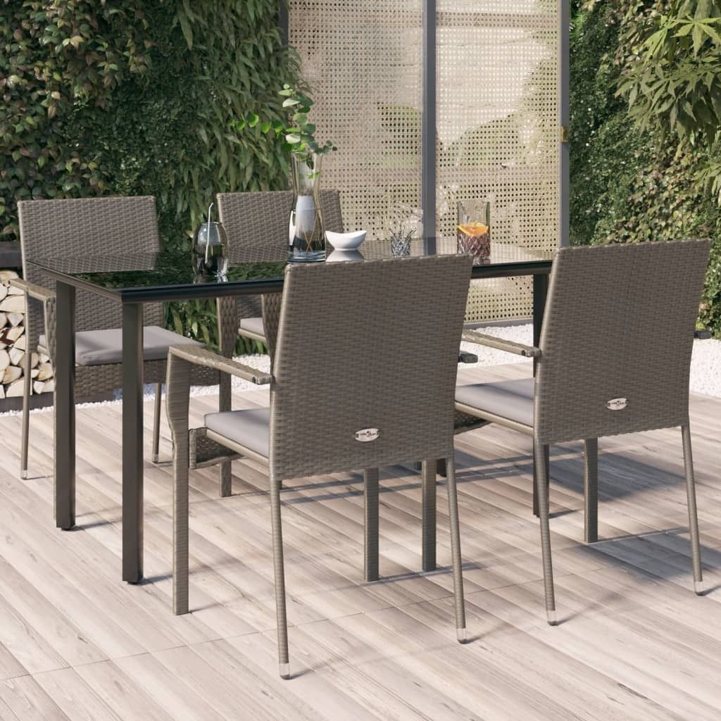The Living Store 5-tlg. Garten-Essgruppe mit Kissen Schwarz und Grau Poly Rattan