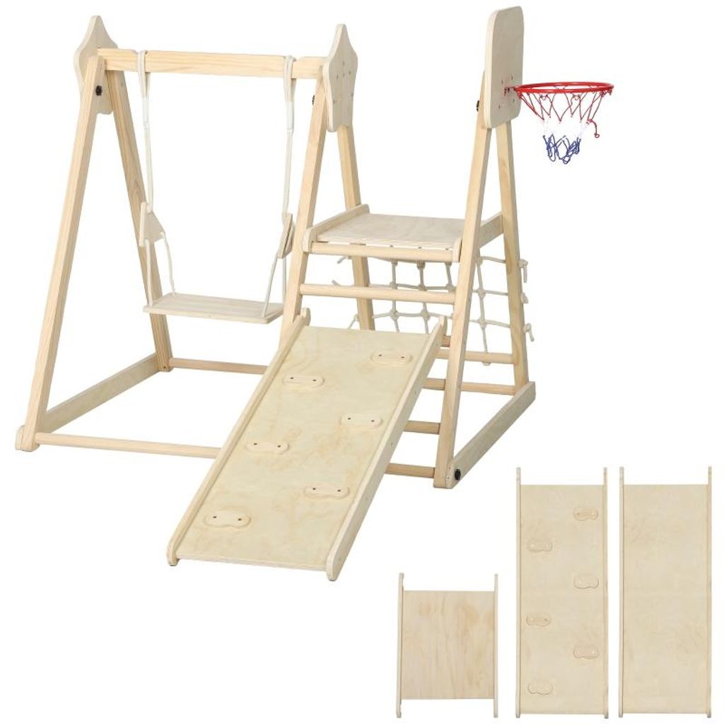 5-in-1 Indoor-Klettergerš¹st mit Rutsche. Schaukel. Kletternetz. Basketballkorb. klappbar. 3-6 Jahre. Naturholz