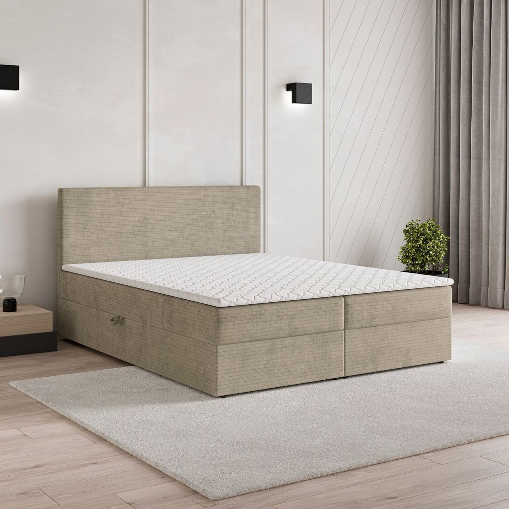 Masseno Boxspringbett NIRA 160x200 cm Komplett-Set mit Bonell Matratze und Topper, Polsterbett mit Bettkästen -Beige, ROMA 04