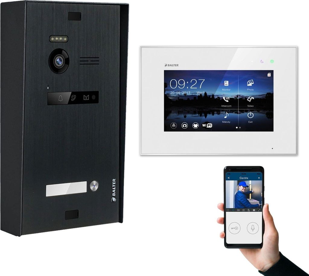 BALTER EVO Aufputz Schwarz 2-Draht BUS 7" WiFi Monitor Weiß Video Türsprechanlage Set 1 Familienhaus