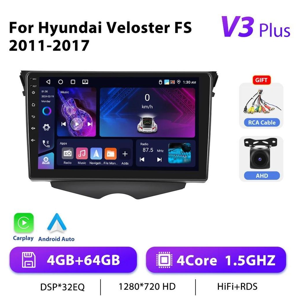 Hyundai Veloster FS 2011–2017 - Android 13 2-DIN Autoradio - 23 cm Display - 4+64 GB - 1,5 GHz - GPS, RDS - 2x USB