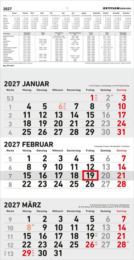 3-Monatskalender klein 2027 Produktbild 
