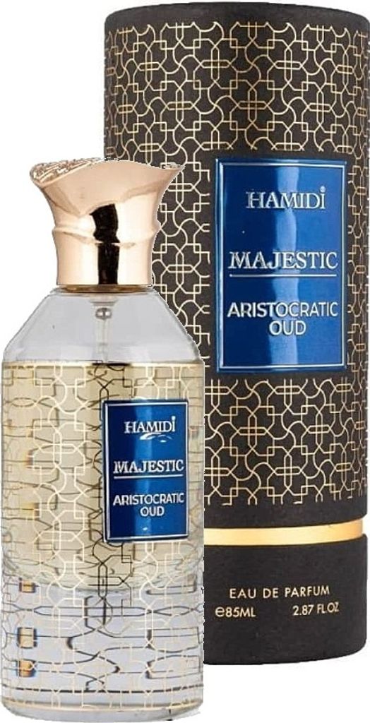 A bottle of Hamidi Majestic Aristocratic Oud Eau de Parfum and its packaging.