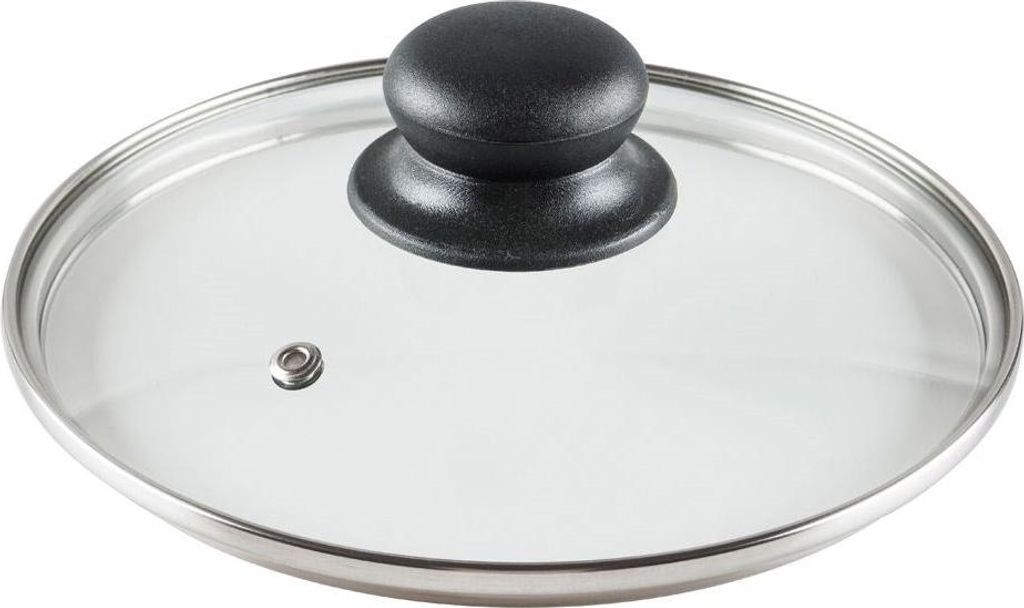 A close-up, studio shot of a glass pot lid with a black handle and a stainless steel rim.