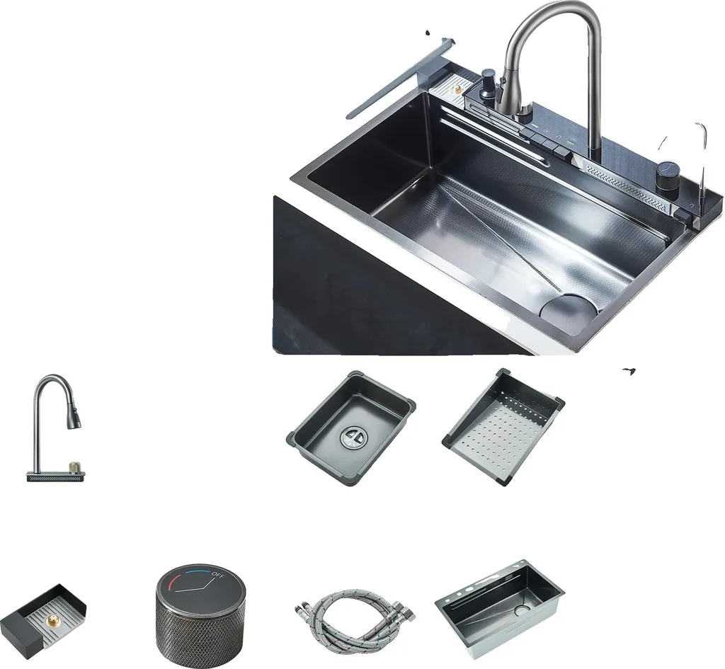 Évier de Cuisine Monocuve Inox Gris Anthracite à Encastrer 75cm