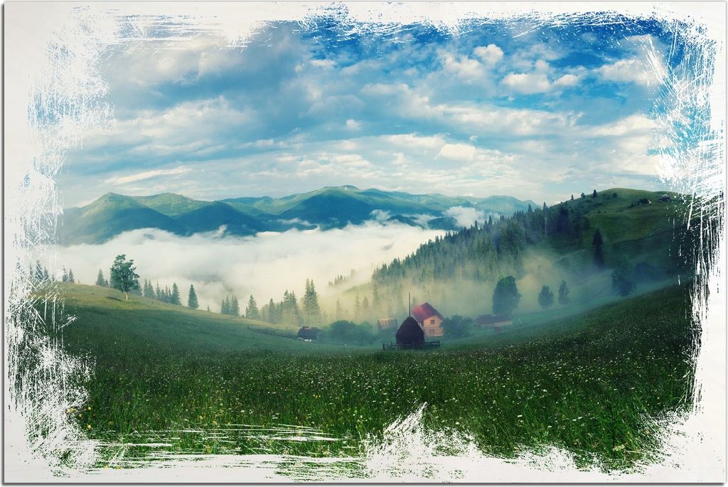 Kunstdrucke Wandbilder Holz in : Brillante Farben, Größe 60 x 90 cm Motiv Morgennebel zwischen Berghängen