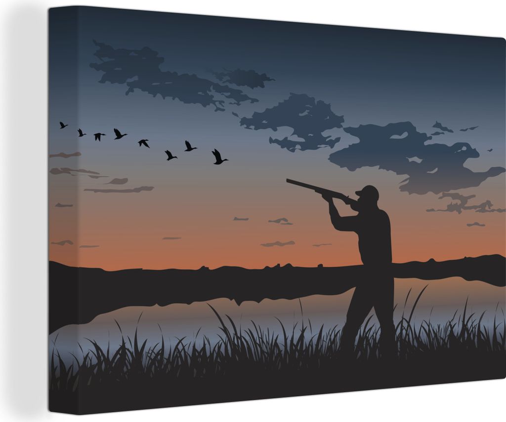 OneMillionCanvasses - Leinwandbilder - 150x100 cm, Eine Illustration eines Entenjägers bei Sonnenuntergang, Wandbilder Kunstdruck Wanddekoration