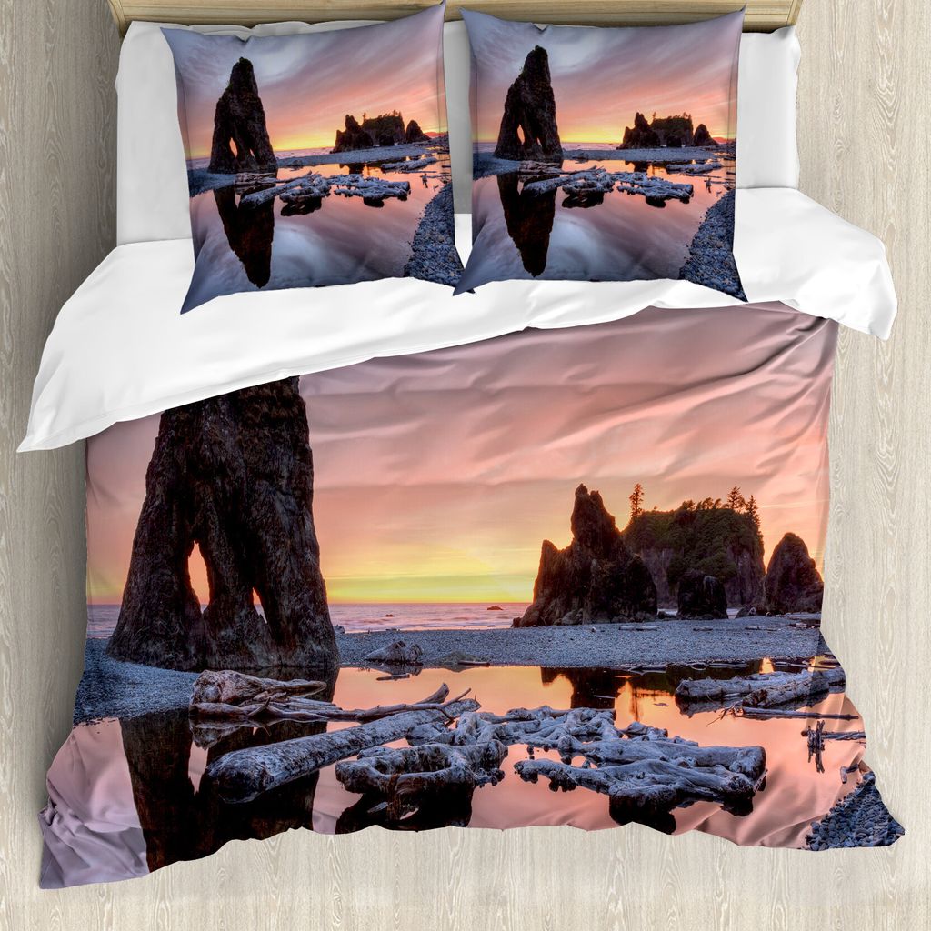 ABAKUHAUS Schwemmholz Bettbezug, Sunset Sea Stacks Strand, Milbensicher Allergiker geeignet mit Kissenbezügen, 200 cm x 200 cm - 80 x 80 cm, Orang...