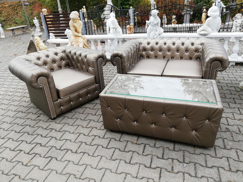 Design Chesterfield Sofagarnitur 2+1 + Couchtisch Couch Polster Gold Sofa Sofas