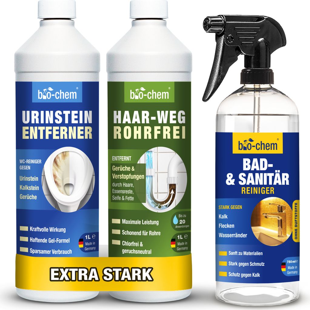 bio-chem Badreiniger Set 3-teilig- 1x Haar-Weg Abflussfrei, 1x Urinsteinentferner, 1x Sanitärreiniger - Effektiver Abflussreiniger, Toilettenreini...