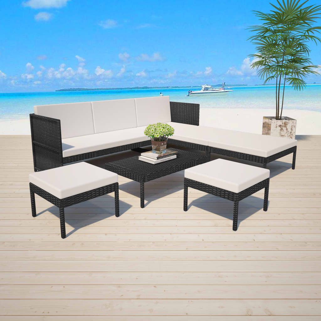 Möbel 6-tlg. Garten-Lounge-Set mit Auflagen Poly Rattan Schwarz - Balkonmöbel 43010
