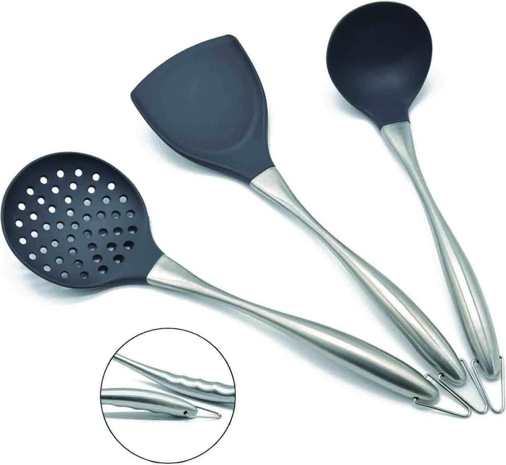 Wokspatel und Schöpfkelle, Wokzubehör, Küchenutensilien, 34cm Spatel für Wok, chinesisches Wokwerkzeugset, 304 rostfreier Stahl (grau)