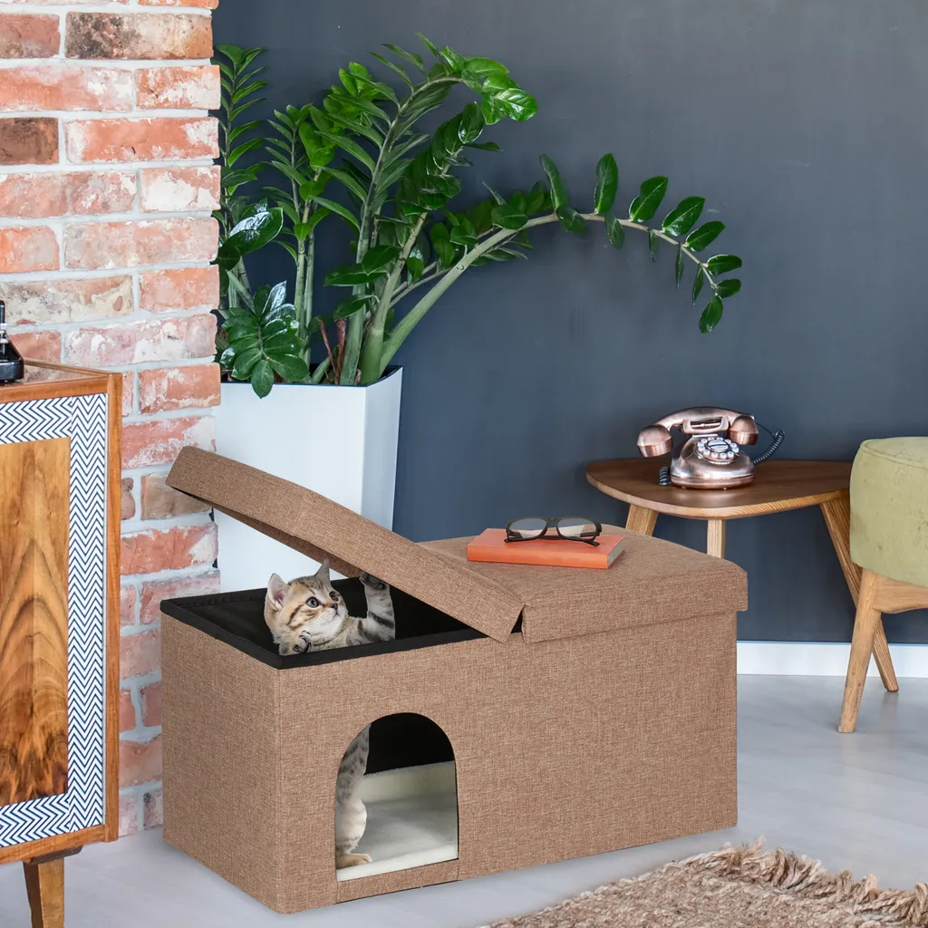 Cachette pour chat marron clair discrète et tabouret gain de place déco - 5
