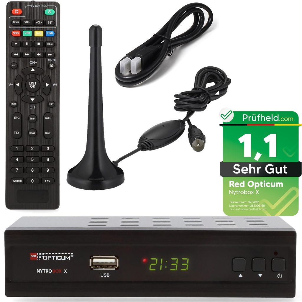 DVB-T2 Receiver mit PVR Aufnahmefunktion + DVB-T Antenne, Opticum Nytrobox X im SET für DVB T & DVB T2 HD Fernsehen und Radio HDMI SCART USB