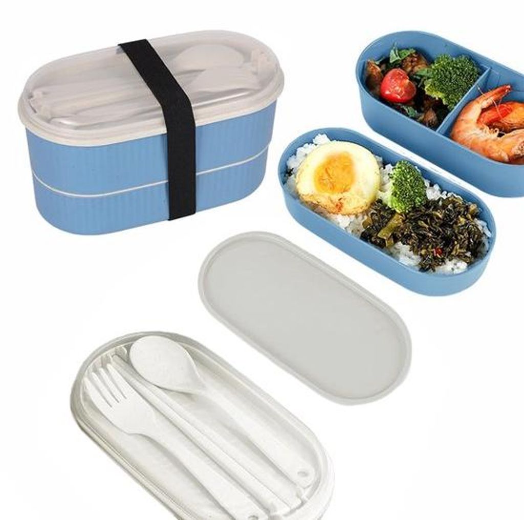 Mini Bento Box für Kinder, leckfreie Essensbox mit Kompartimenten, blauer Plastikbox mit Besteck und Verdelern
