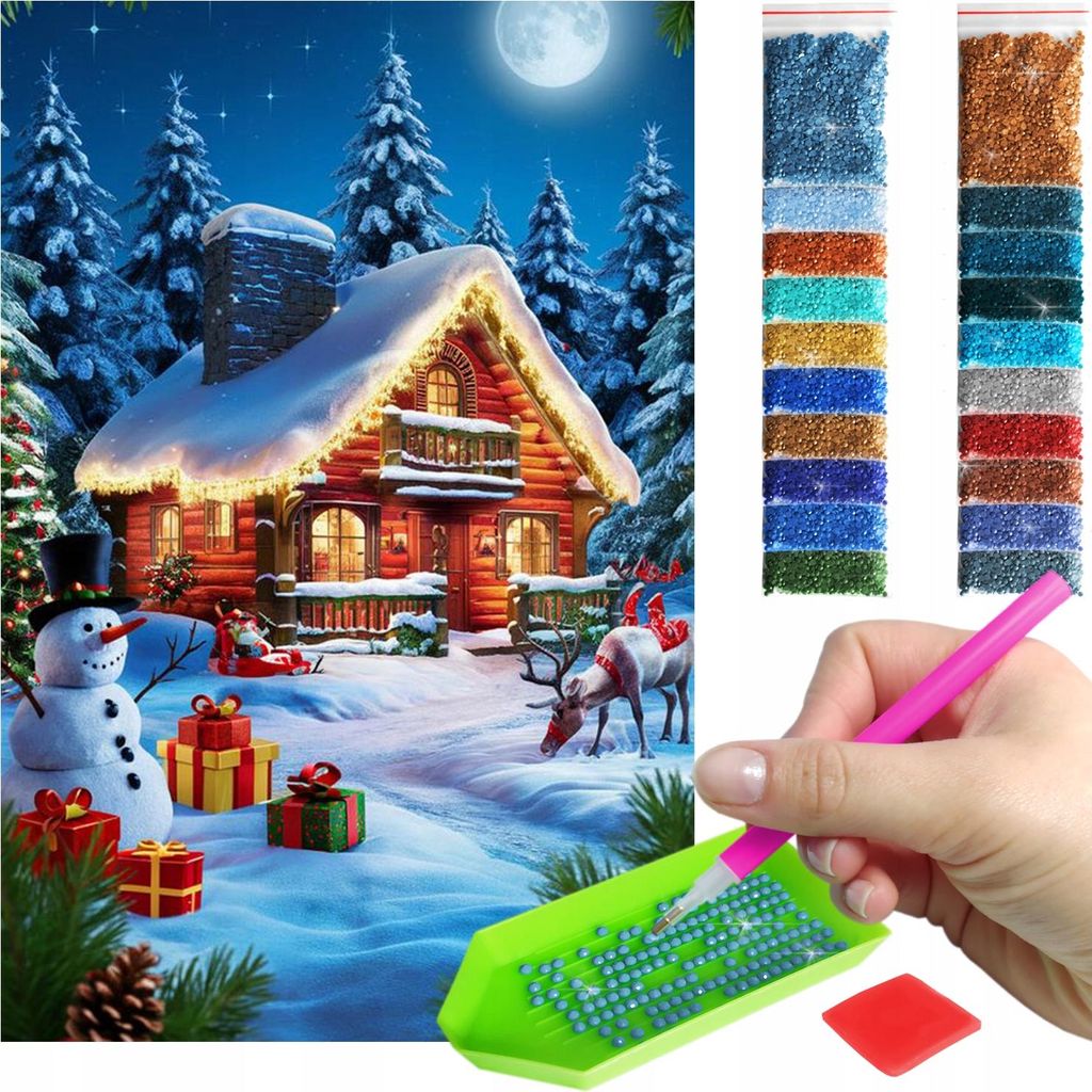 ARTULIO - Diamond Painting Set - Weihnachtshütte mit Schneemann und Geschenken - 60 x 40 cm - Groß XXL - Home Wand Deko, Bilder DIY